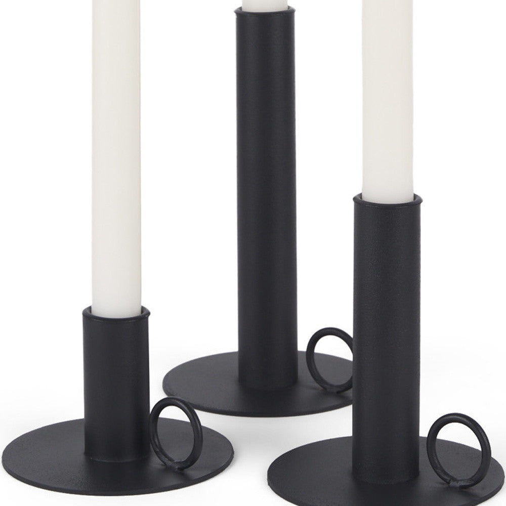 Set of Three Black Geometric Metal Tabletop Taper Candlesticks