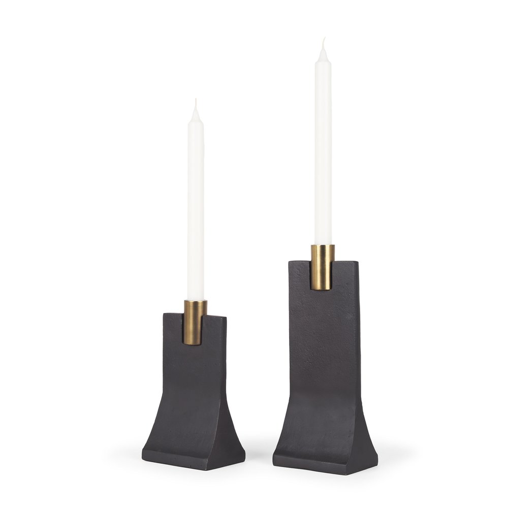 Set of Two Black And Gold Distressed Hammered Metal Tabletop Taper Candle Holders