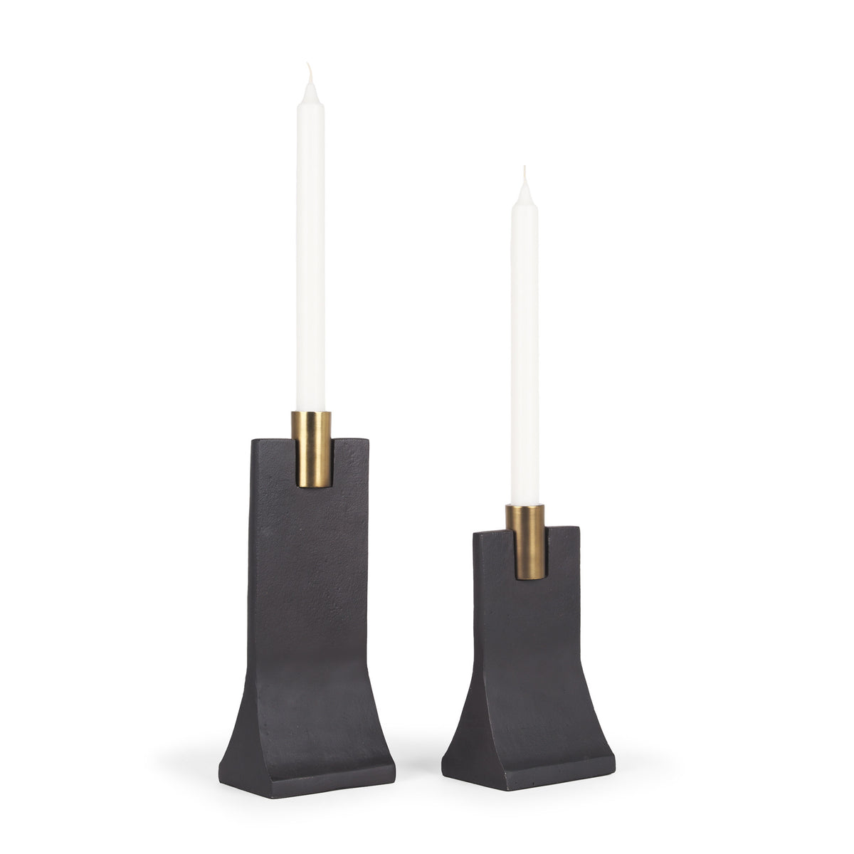 Set of Two Black And Gold Distressed Hammered Metal Tabletop Taper Candle Holders