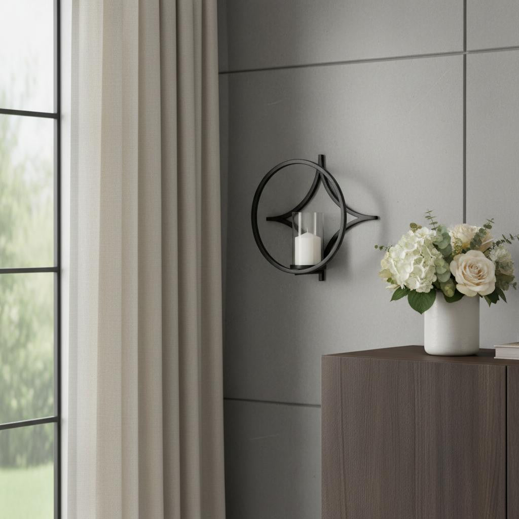 6" Black Quatrefoil Metal And Glass Wall Sconce Candle Holder