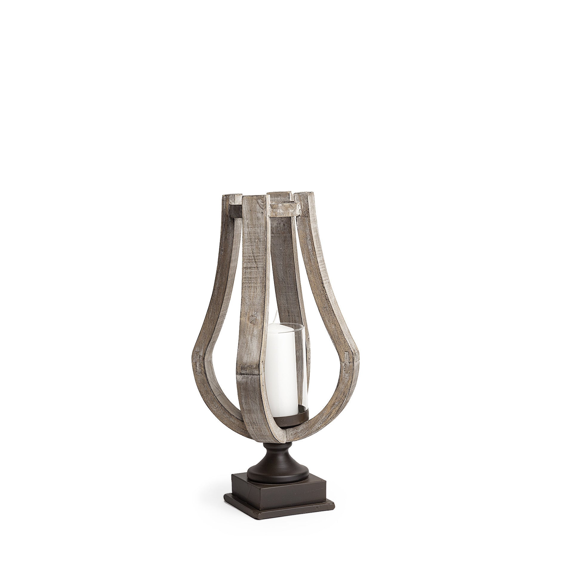 17" Brown Distressed Geometric Solid Wood And Metal Tabletop Hurricane Candle Holder