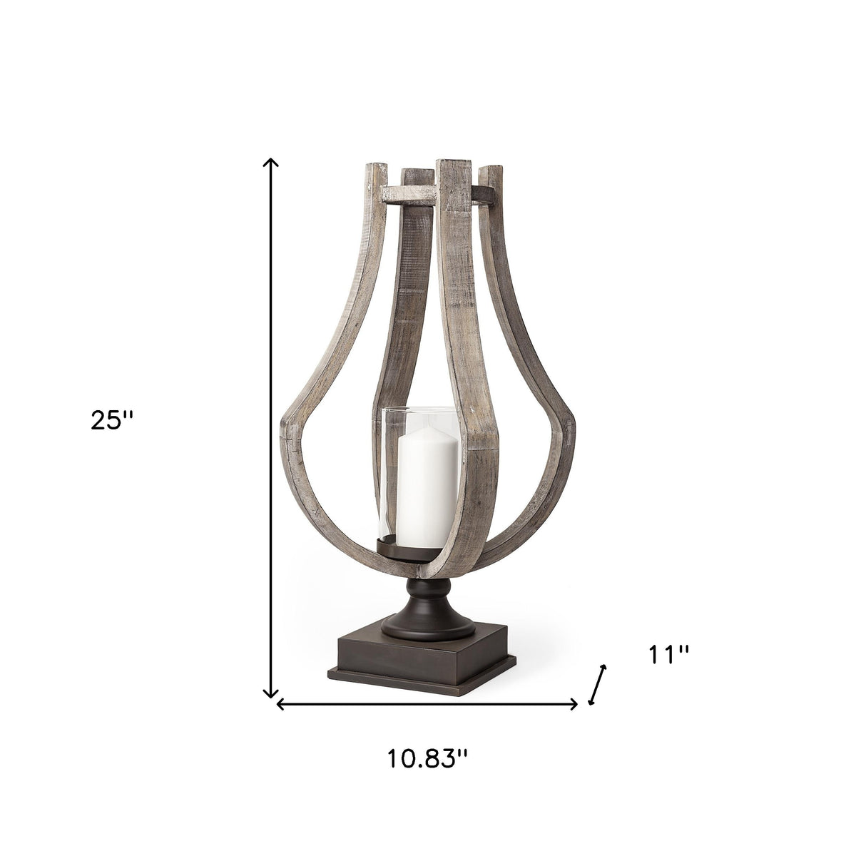 25" Brown Distressed Geometric Solid Wood Metal And Glass Tabletop Hurricane Candle Holder