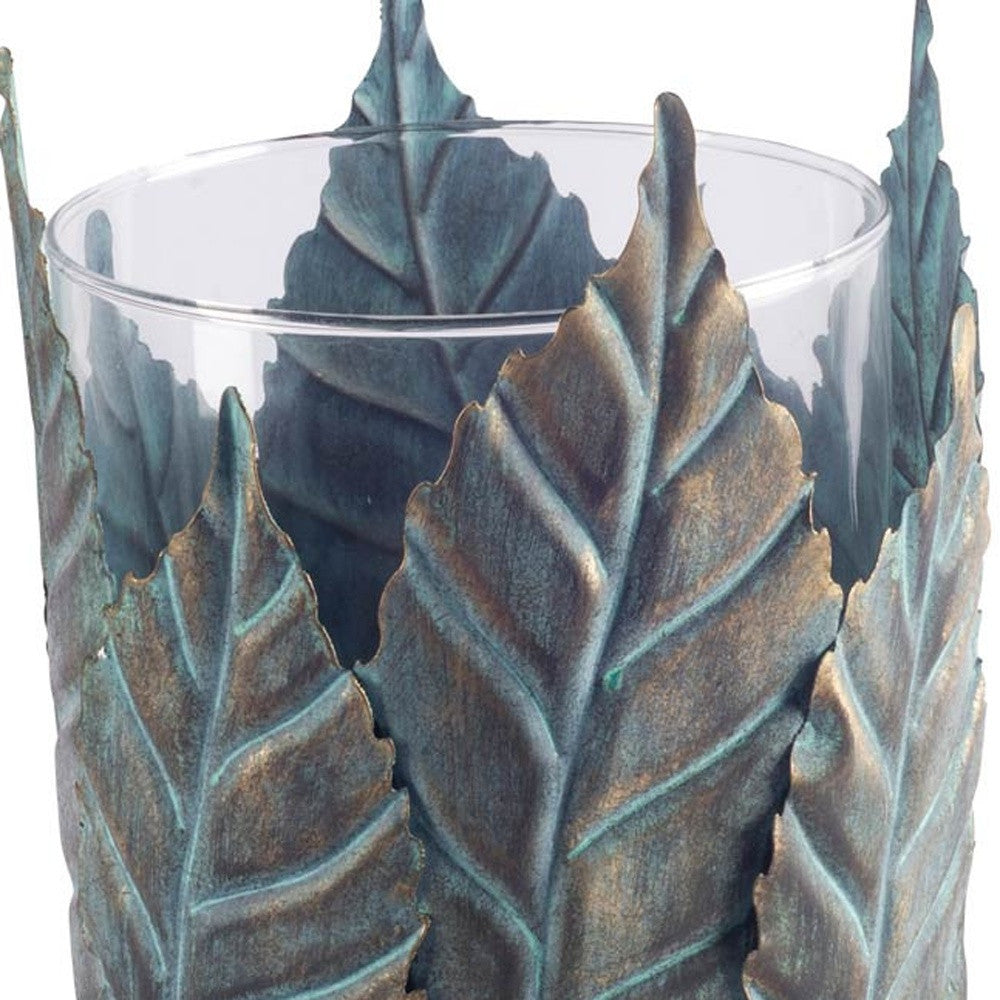 9" Green And Gold Distressed Botanical Leaf Metal And Glass Tabletop Hurricane Candle Holder