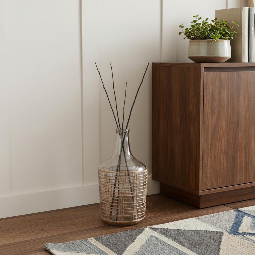 15" Clear And Natural Glass Round Floor Vase With Wrapped Rattan