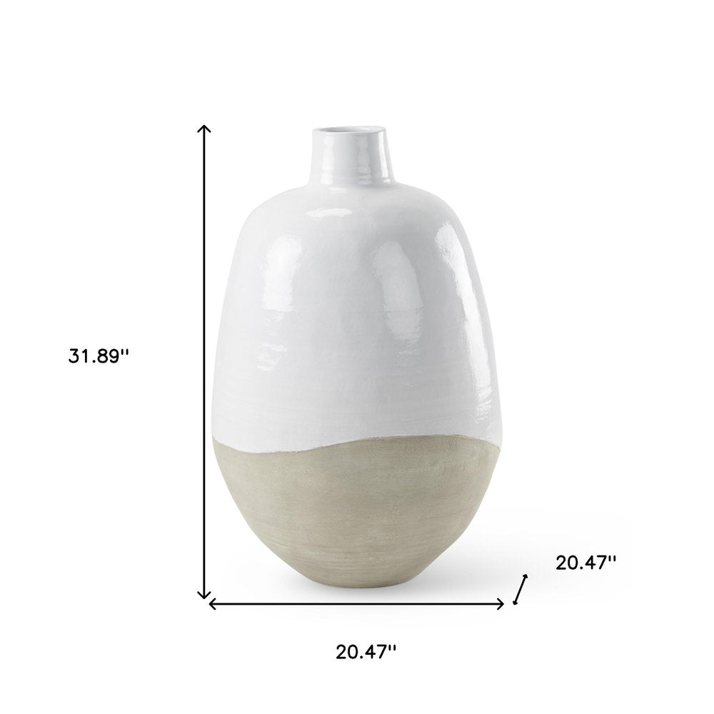 32" White And Beige Color Block Ceramic Round Floor Vase