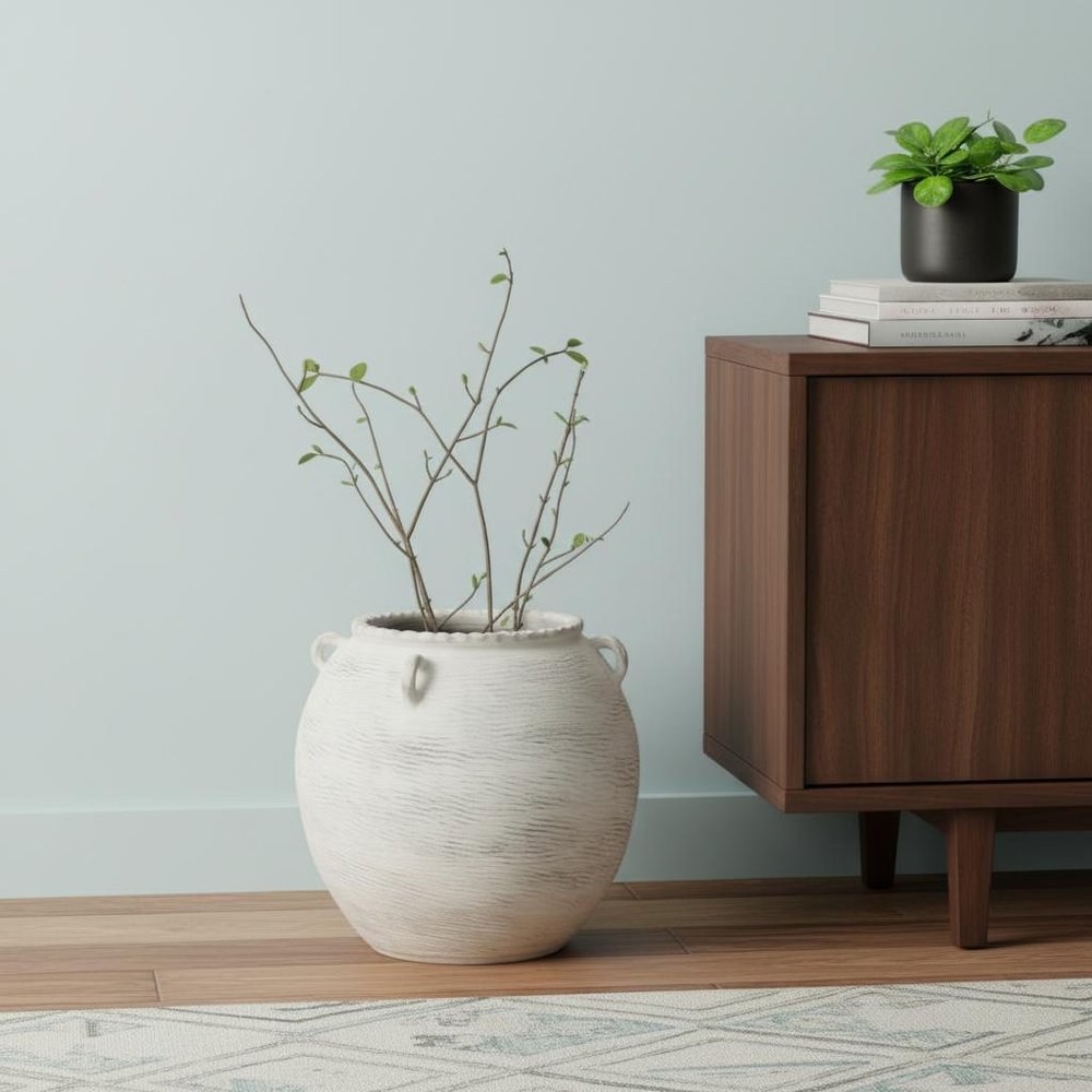 22" Cream Ceramic Amphora Floor Vase