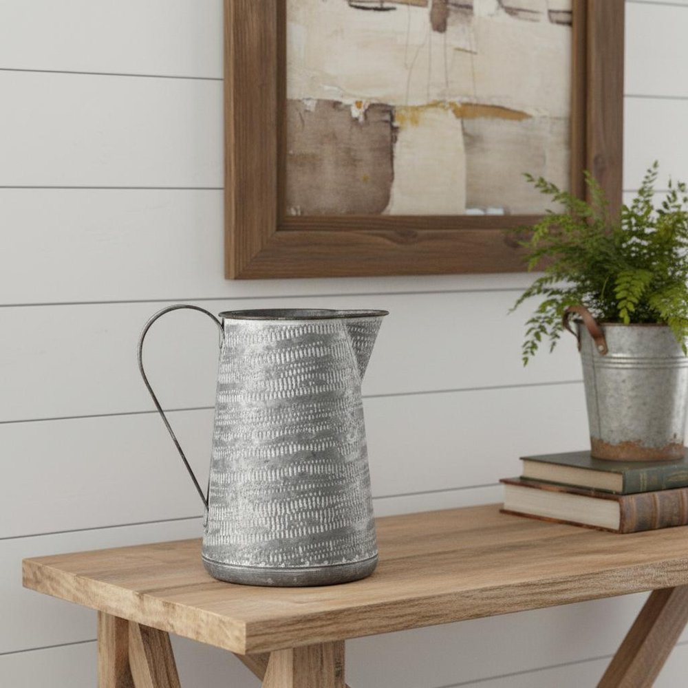 8" Gray And White Striped Metal Tapered Jug Vase
