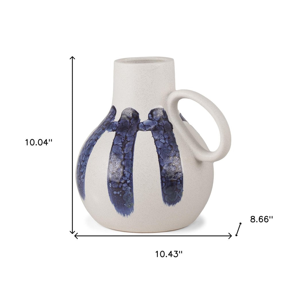 10" White And Blue Abstract Ceramic Amphora Jug Vase