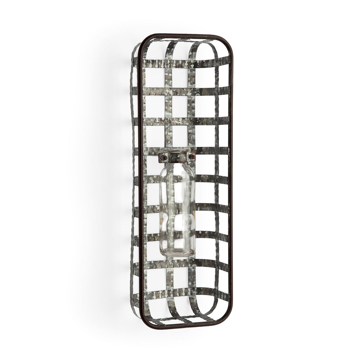 17" Black And Clear Glass Bottle And Metal Wall Vase