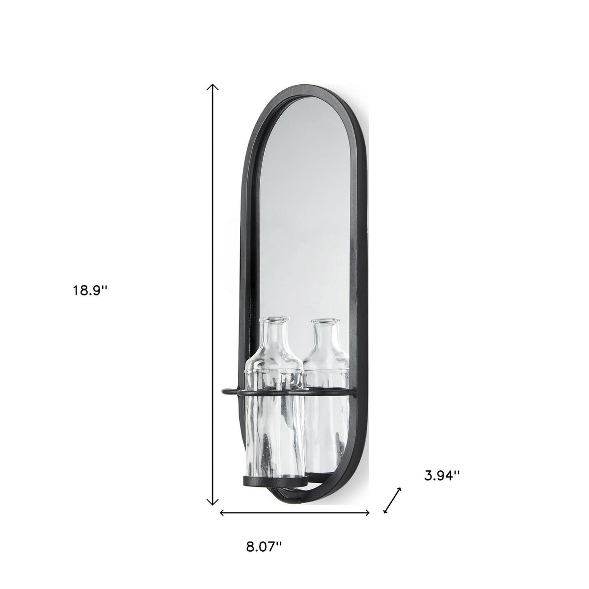 19" Black And Clear Glass Bottle Metal And Mirrored Glass Oval Wall Vase