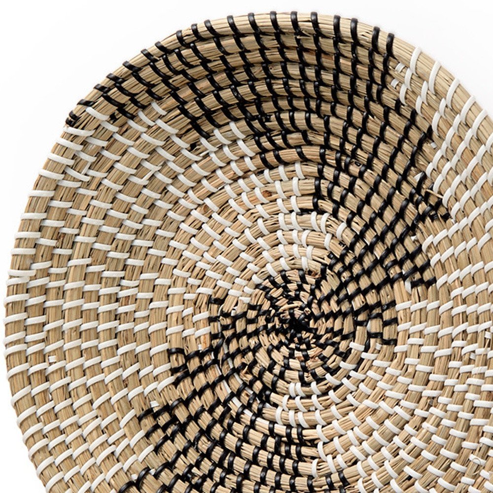 Luna 12" X 12" Black Light Brown And White Abstract Geometric Seagrass Circle Hanging Dimensional Sculpture