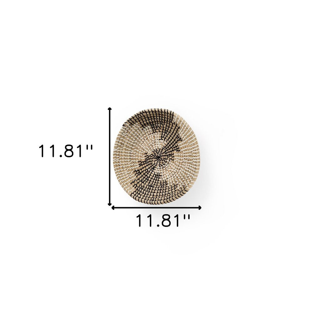 Luna 12" X 12" Black Light Brown And White Abstract Geometric Seagrass Circle Hanging Dimensional Sculpture