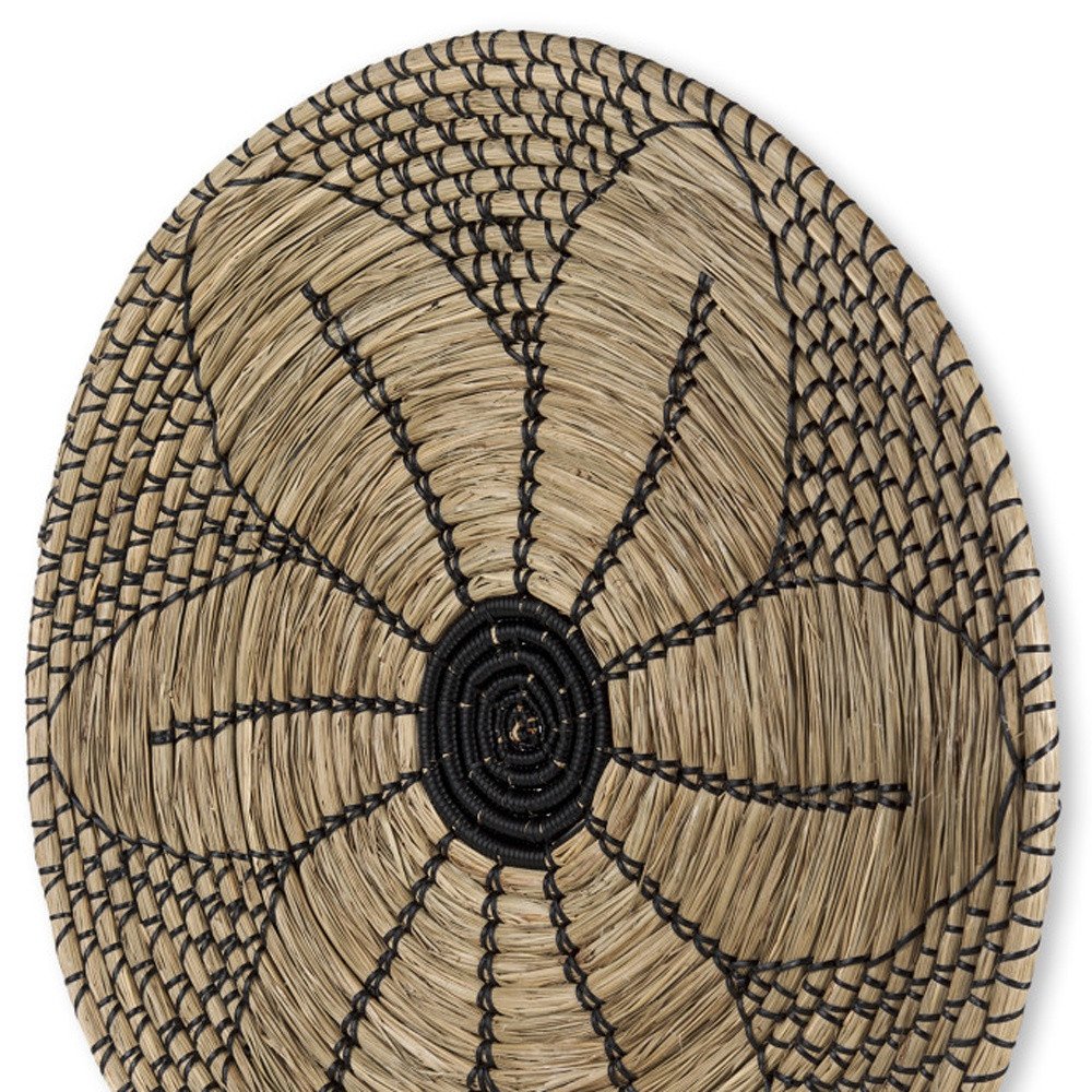Mekhi 24" X 24" Black And Light Brown Floral Seagrass Circle Hanging Dimensional Sculpture