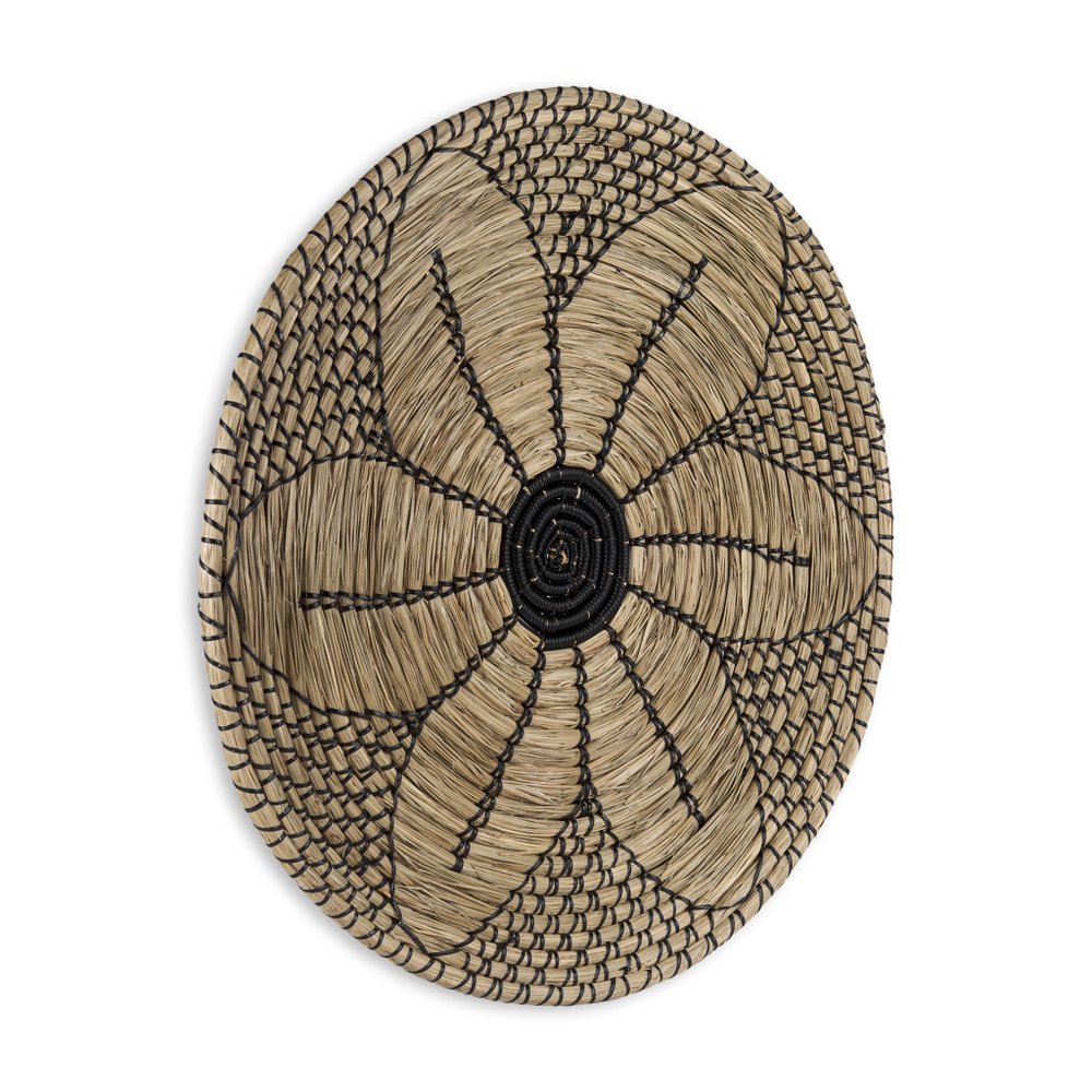Mekhi 24" X 24" Black And Light Brown Floral Seagrass Circle Hanging Dimensional Sculpture
