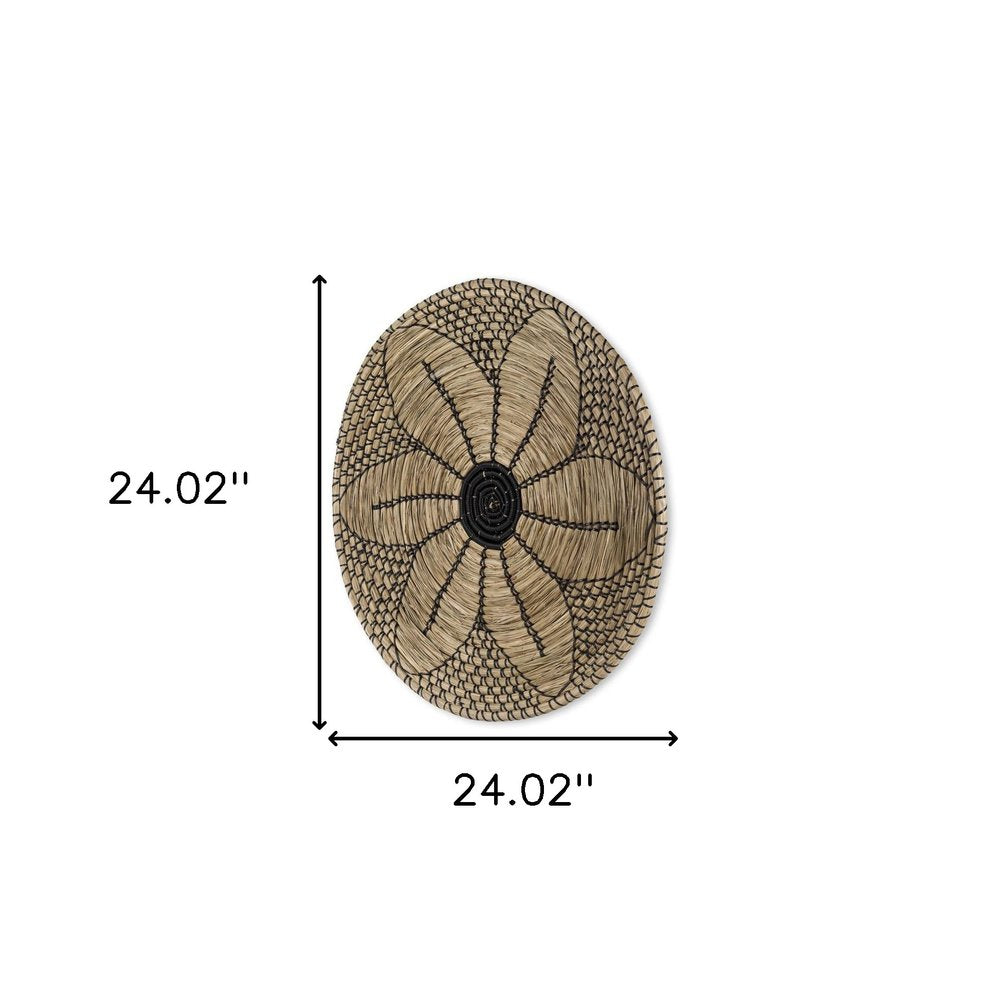 Mekhi 24" X 24" Black And Light Brown Floral Seagrass Circle Hanging Dimensional Sculpture