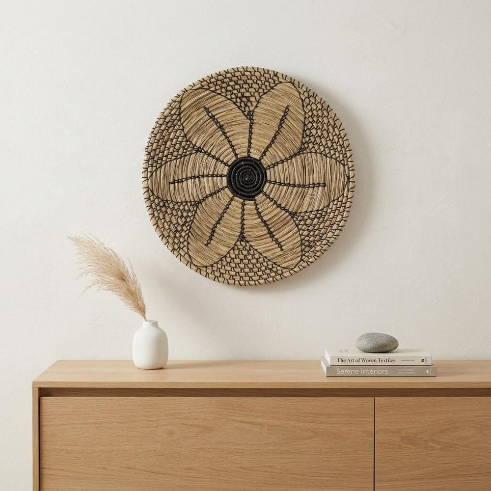 Mekhi 24" X 24" Black And Light Brown Floral Seagrass Circle Hanging Dimensional Sculpture