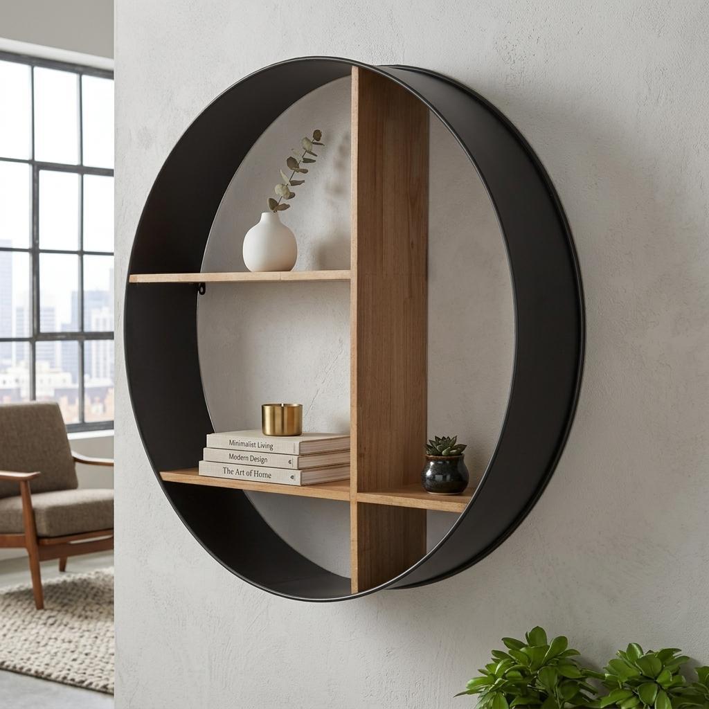 36" Black And Brown Metal And Wood Circular Multi Tier Shelf