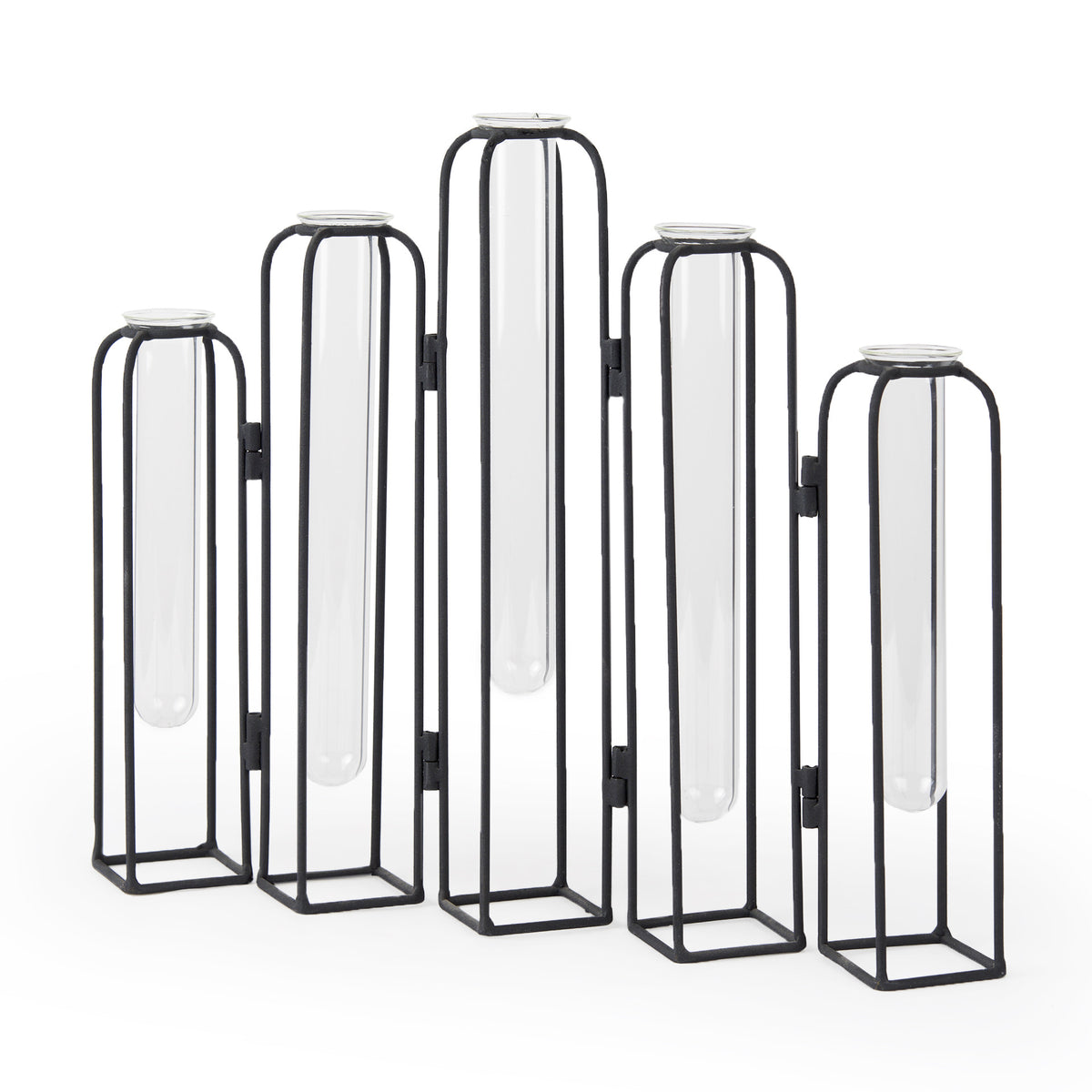 11" Clear And Black Glass And Metal Five Tube Table Vase