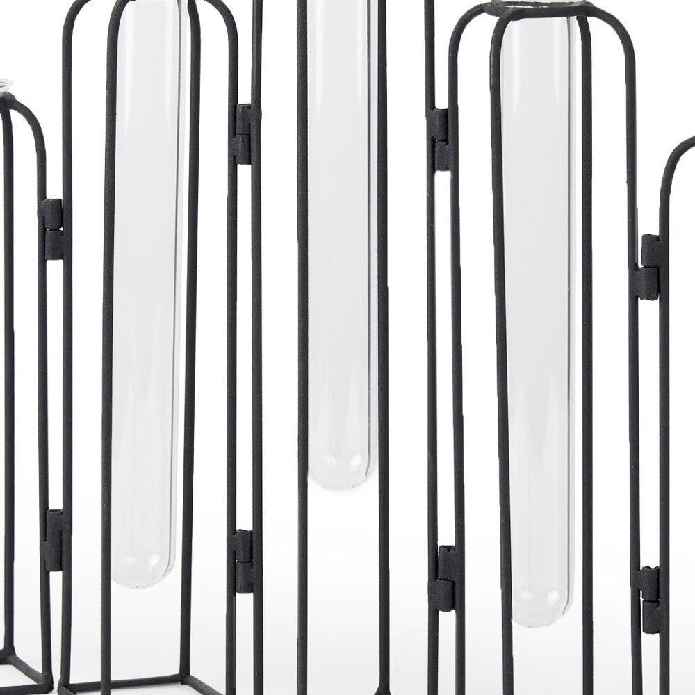 11" Clear And Black Glass And Metal Five Tube Table Vase