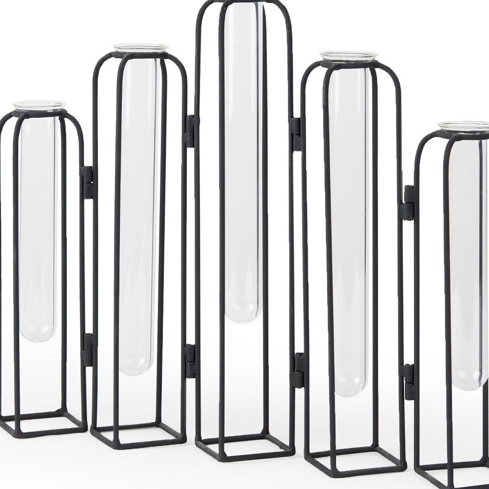 11" Clear And Black Glass And Metal Five Tube Table Vase