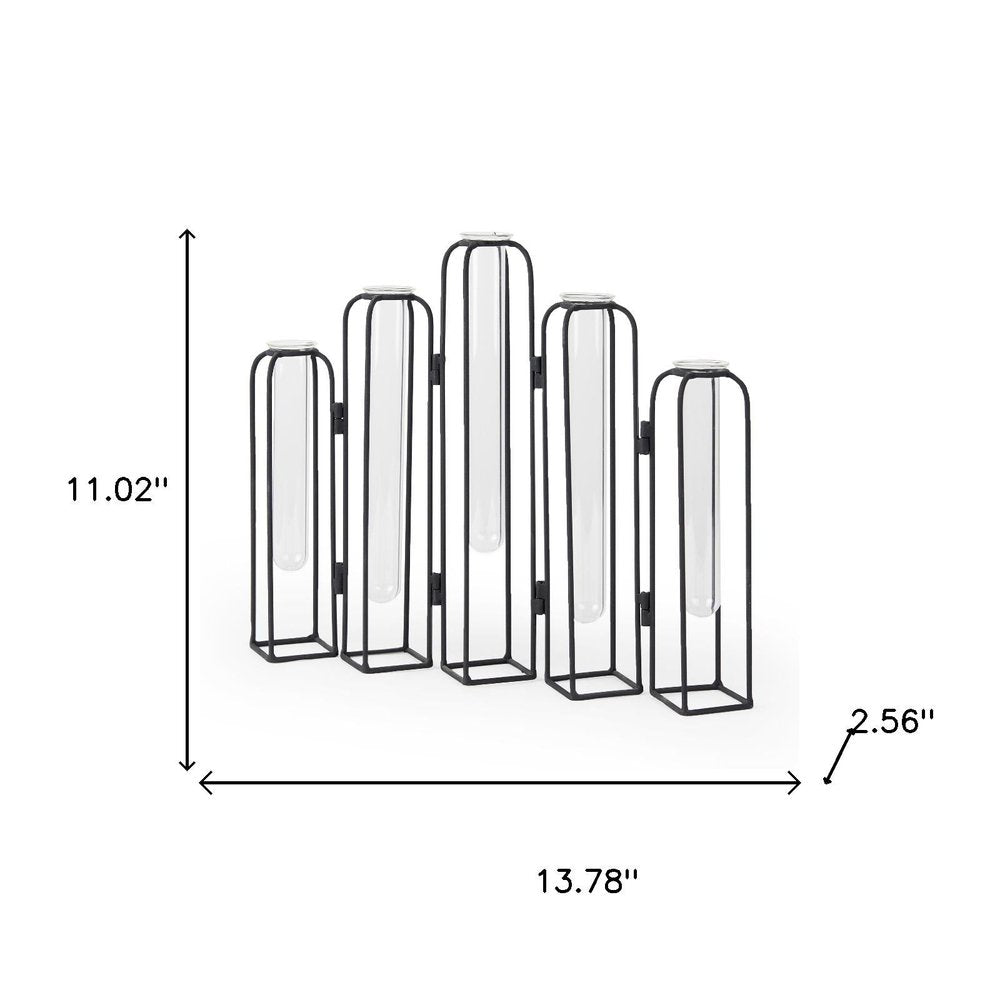 11" Clear And Black Glass And Metal Five Tube Table Vase