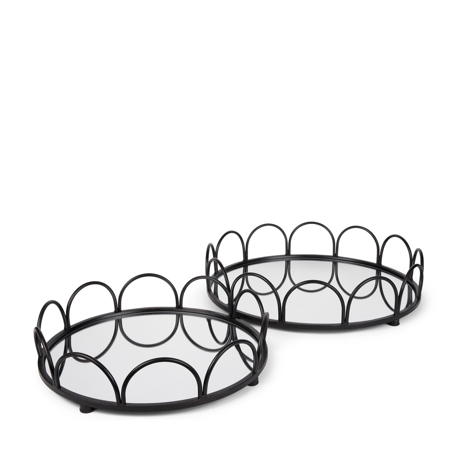Set of Two Black And Silver Metal And Mirrored Glass Round Vanity Trays