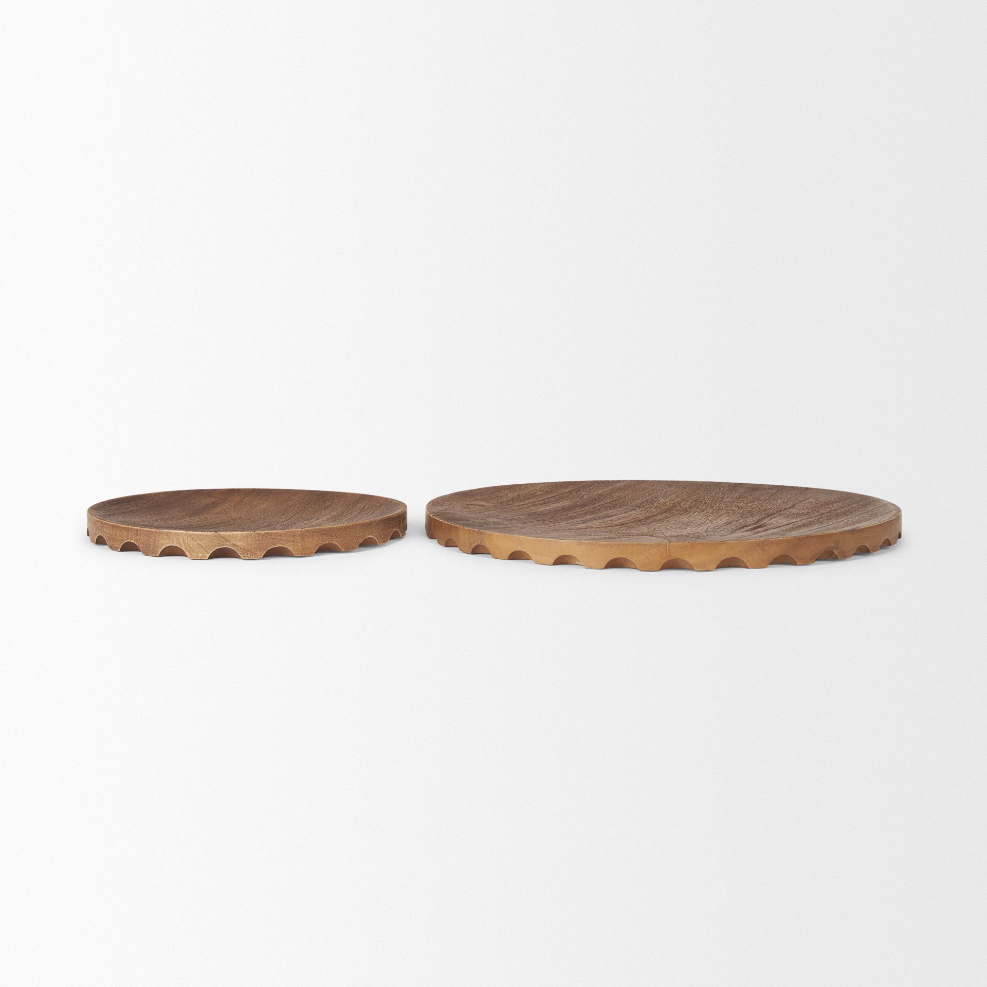 Set of Two Natural Light Brown Round Wood Handmade Serving Trays