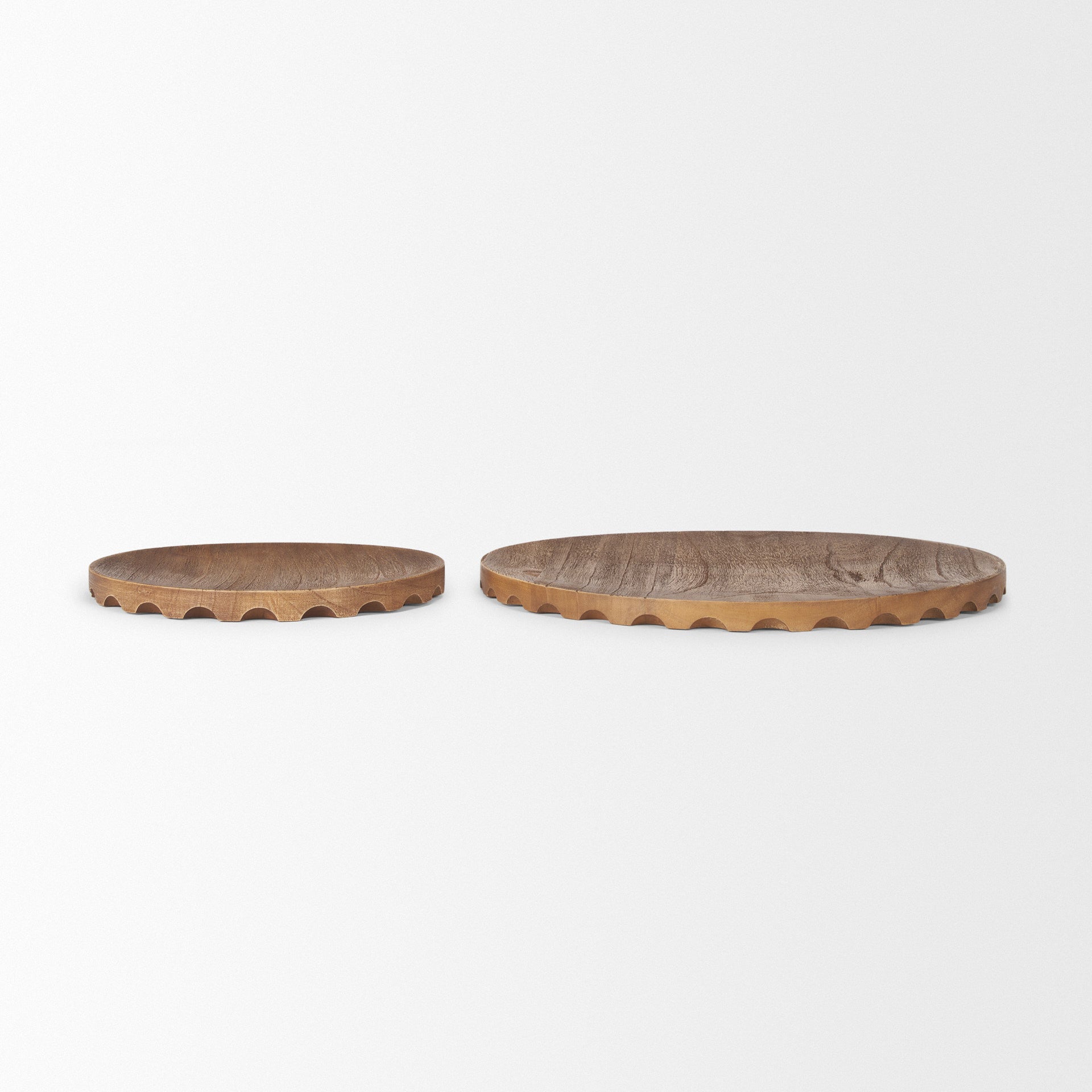 Set of Two Natural Light Brown Round Wood Handmade Serving Trays