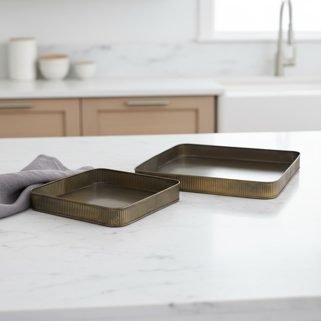 Set of Two Antiqued Brass Metal Handmade Serving Tray