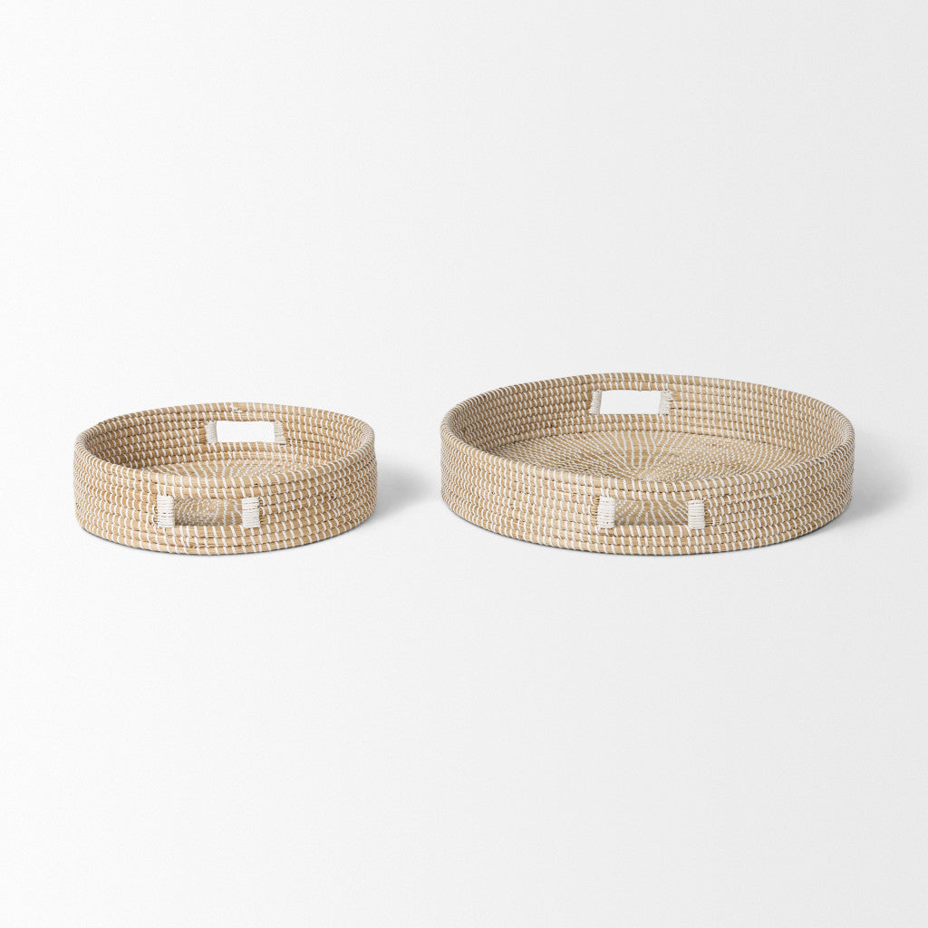 Set of Two Brown Round Wood Handmade Serving Tray With Handles