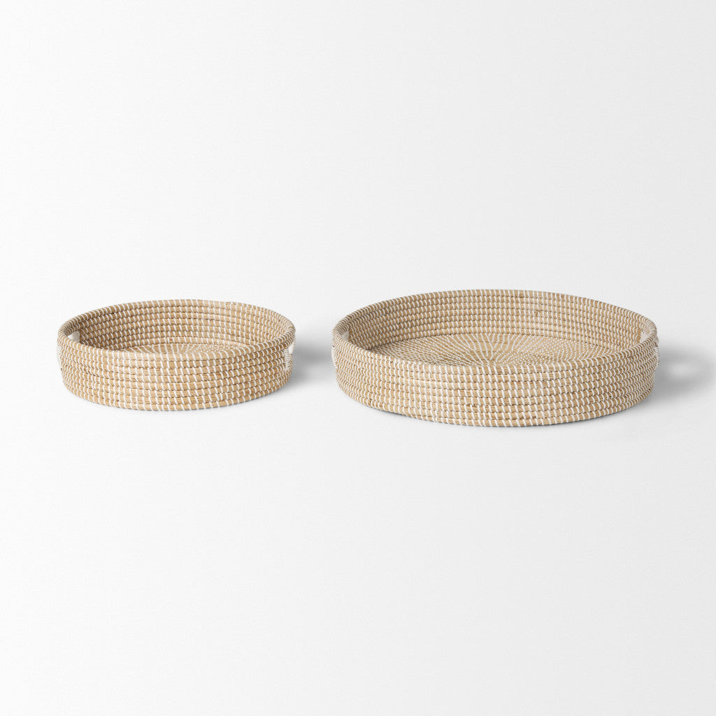 Set of Two Brown Round Wood Handmade Serving Tray With Handles