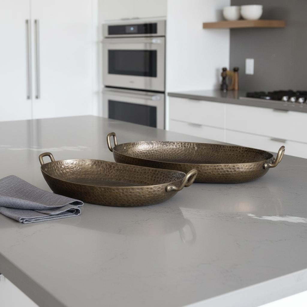Set of Two Gold Oval Metal Handmade Serving Tray With Handles