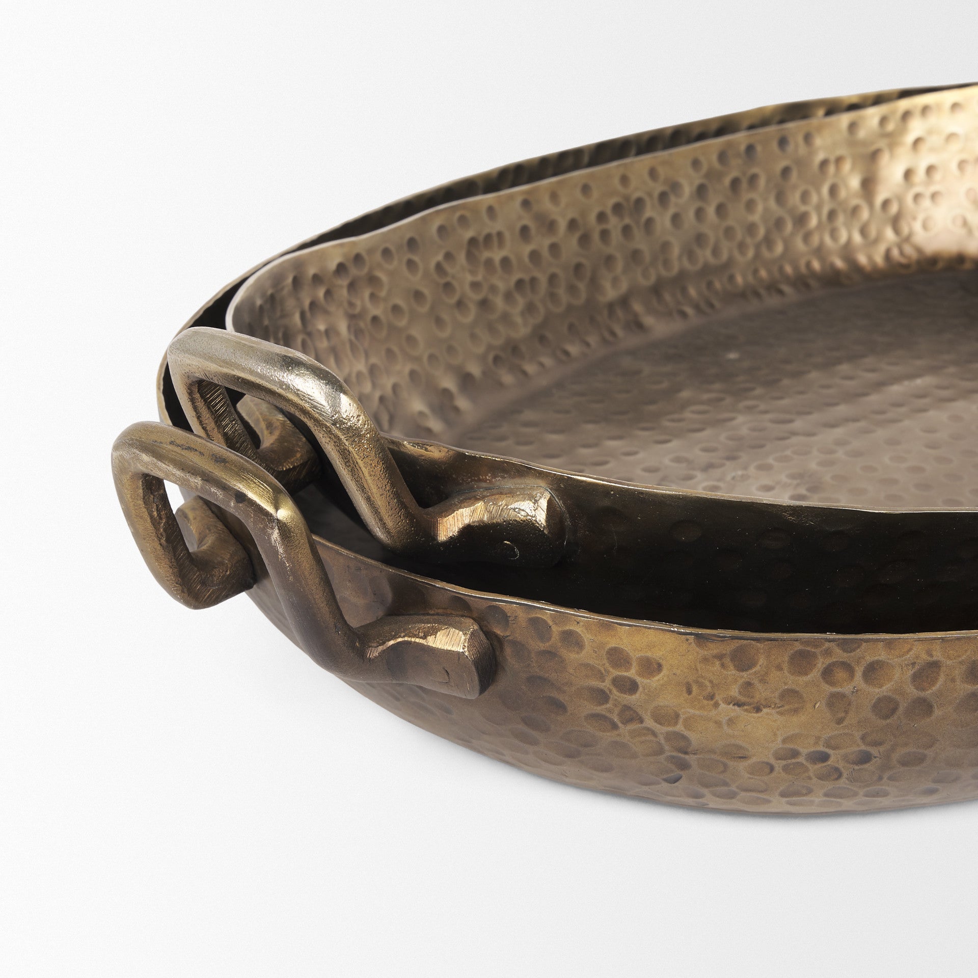 Set of Two Gold Oval Metal Handmade Serving Tray With Handles