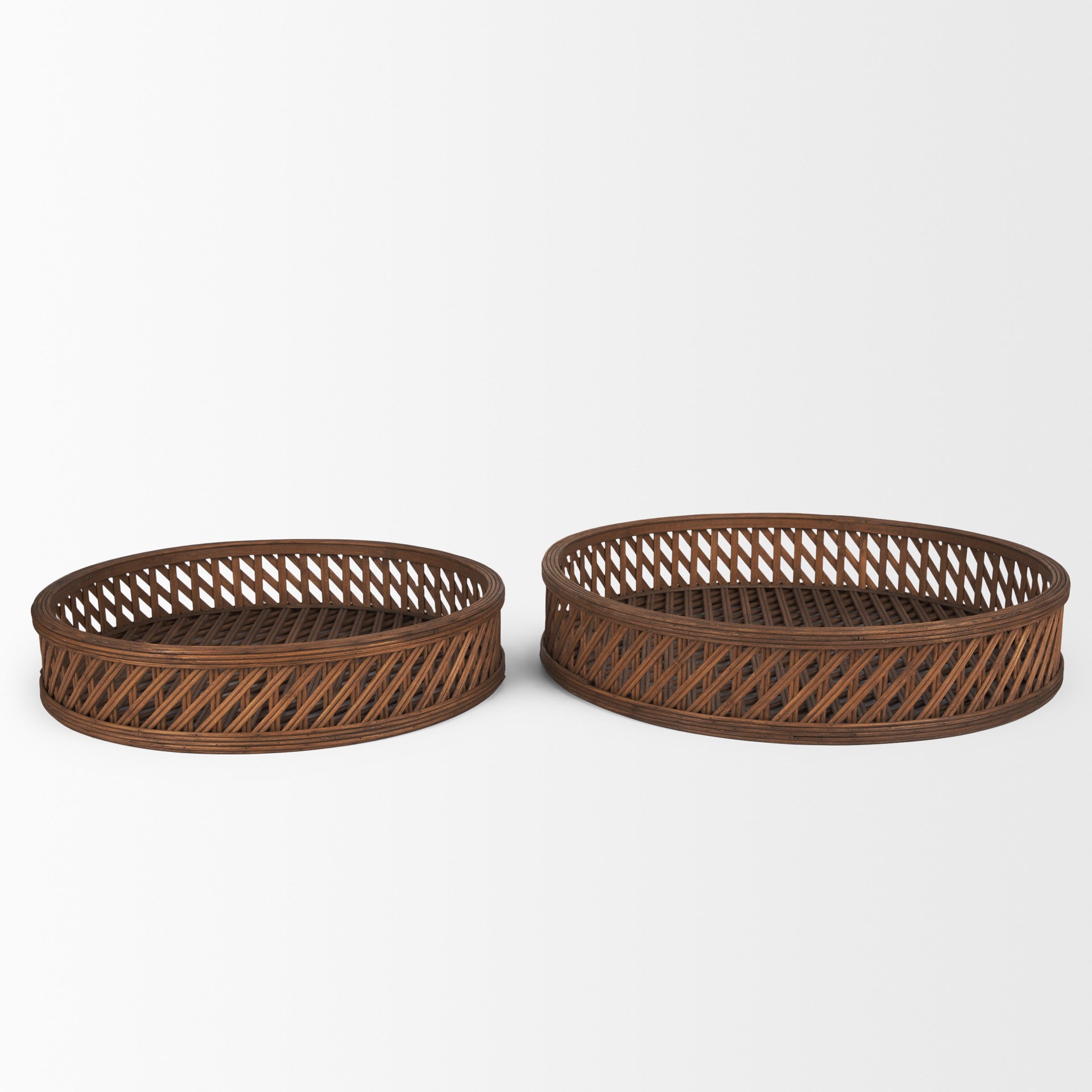 Set of Two Brown Round Wicker Handmade Serving Tray