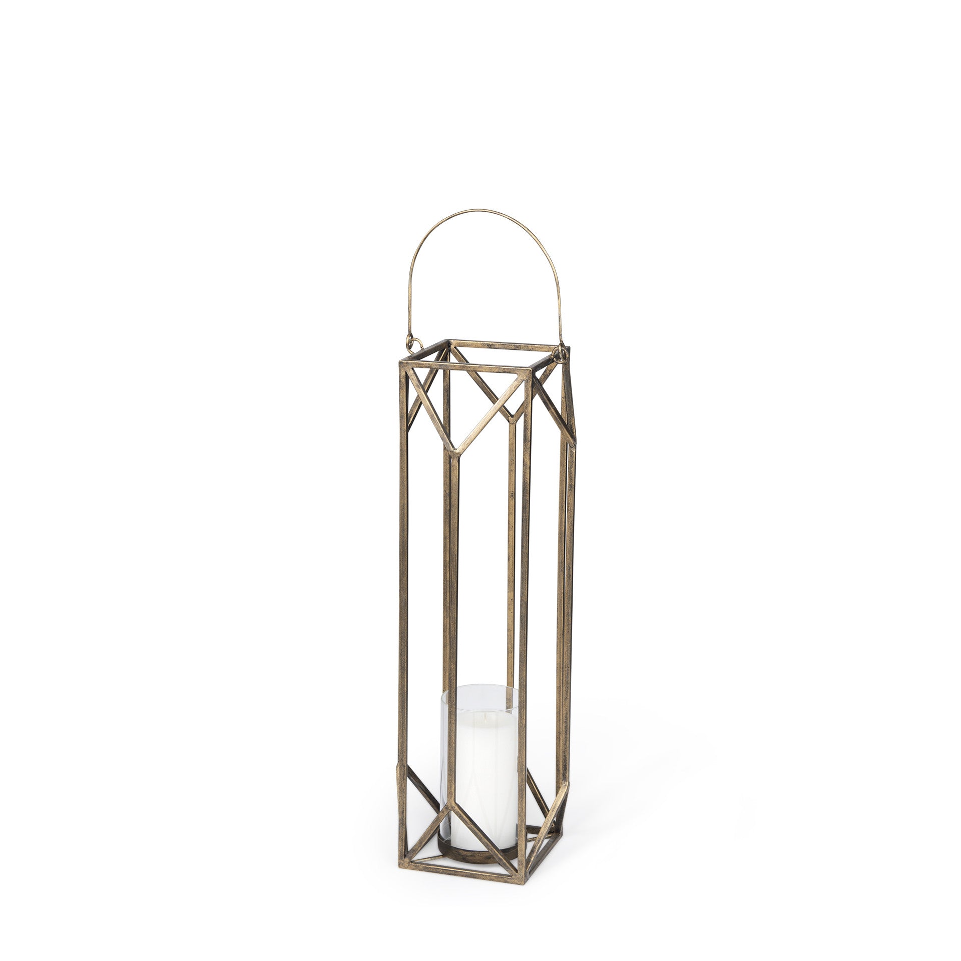 30" Gold Distressed Geometric Metal Tabletop Lantern Candle Holder