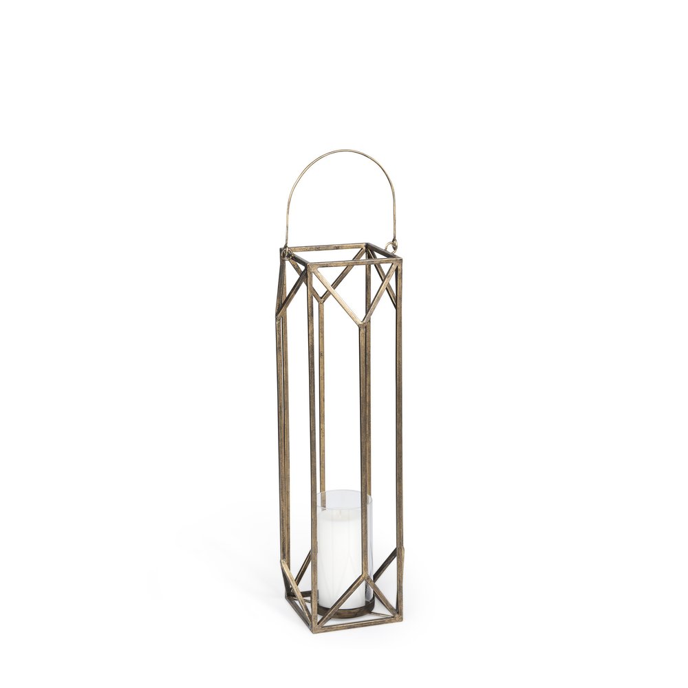 30" Gold Distressed Geometric Metal Tabletop Lantern Candle Holder