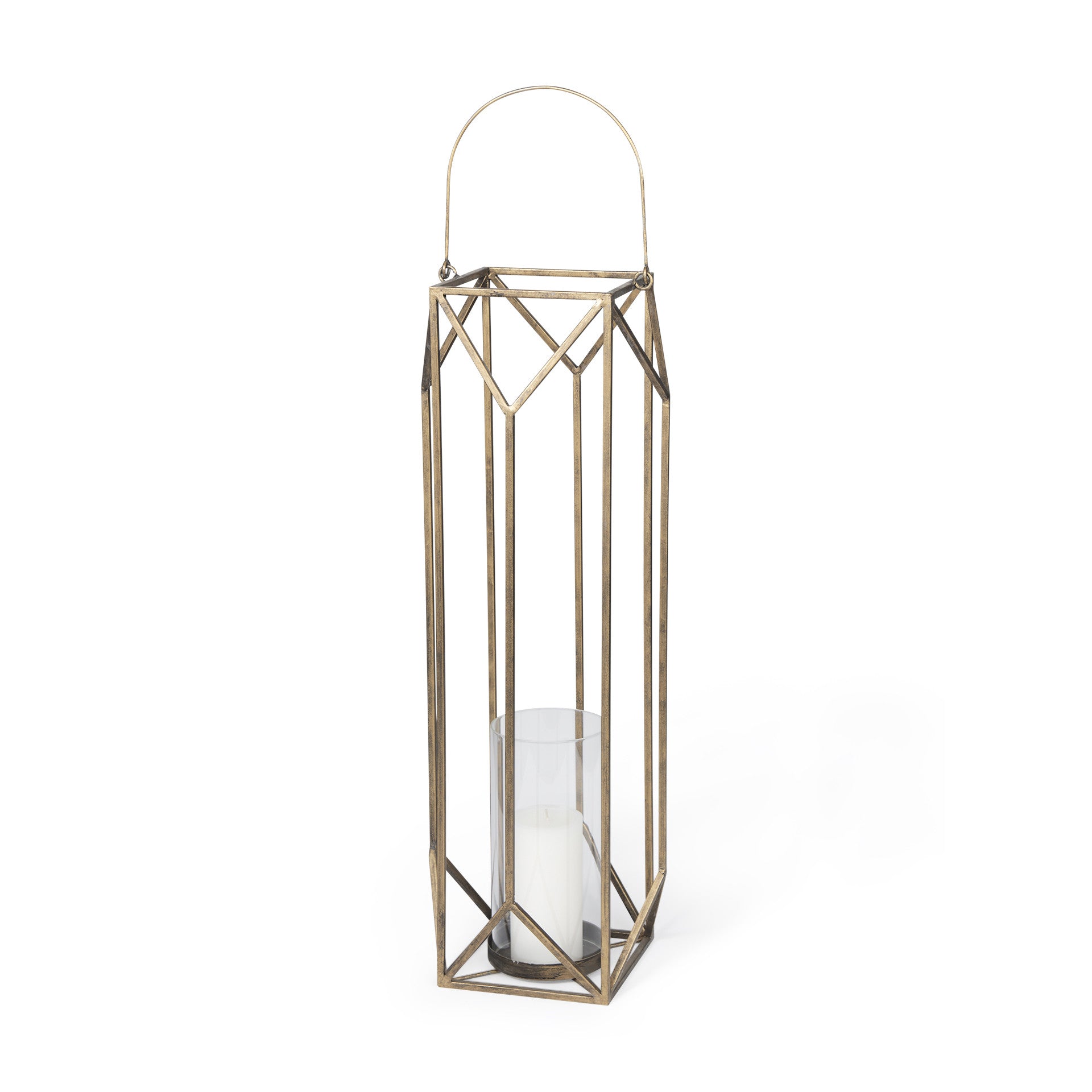 36" Gold Distressed Geometric Metal Tabletop Lantern Candle Holder