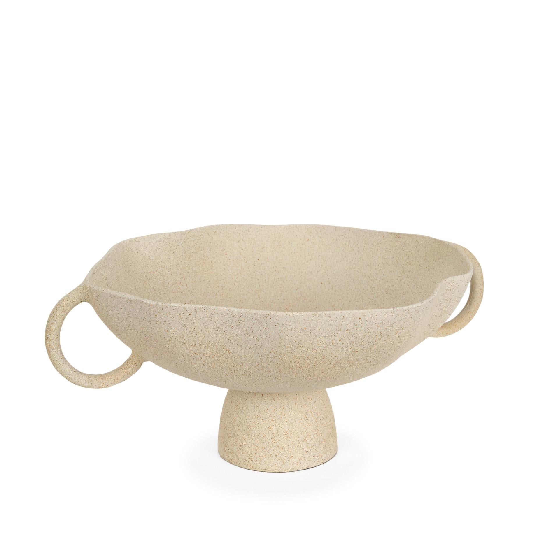 16" Beige Cast Aluminum Round Pedestal Centerpiece Bowl With Handles