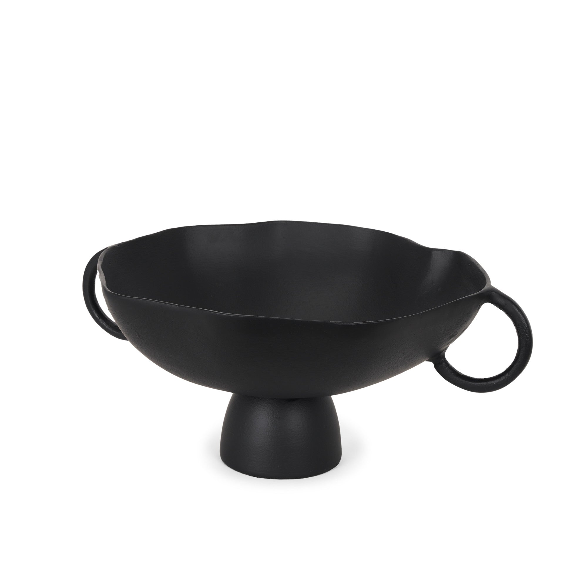 16" Black Metal Wavy Edge Round Pedestal Centerpiece Bowl With Handles