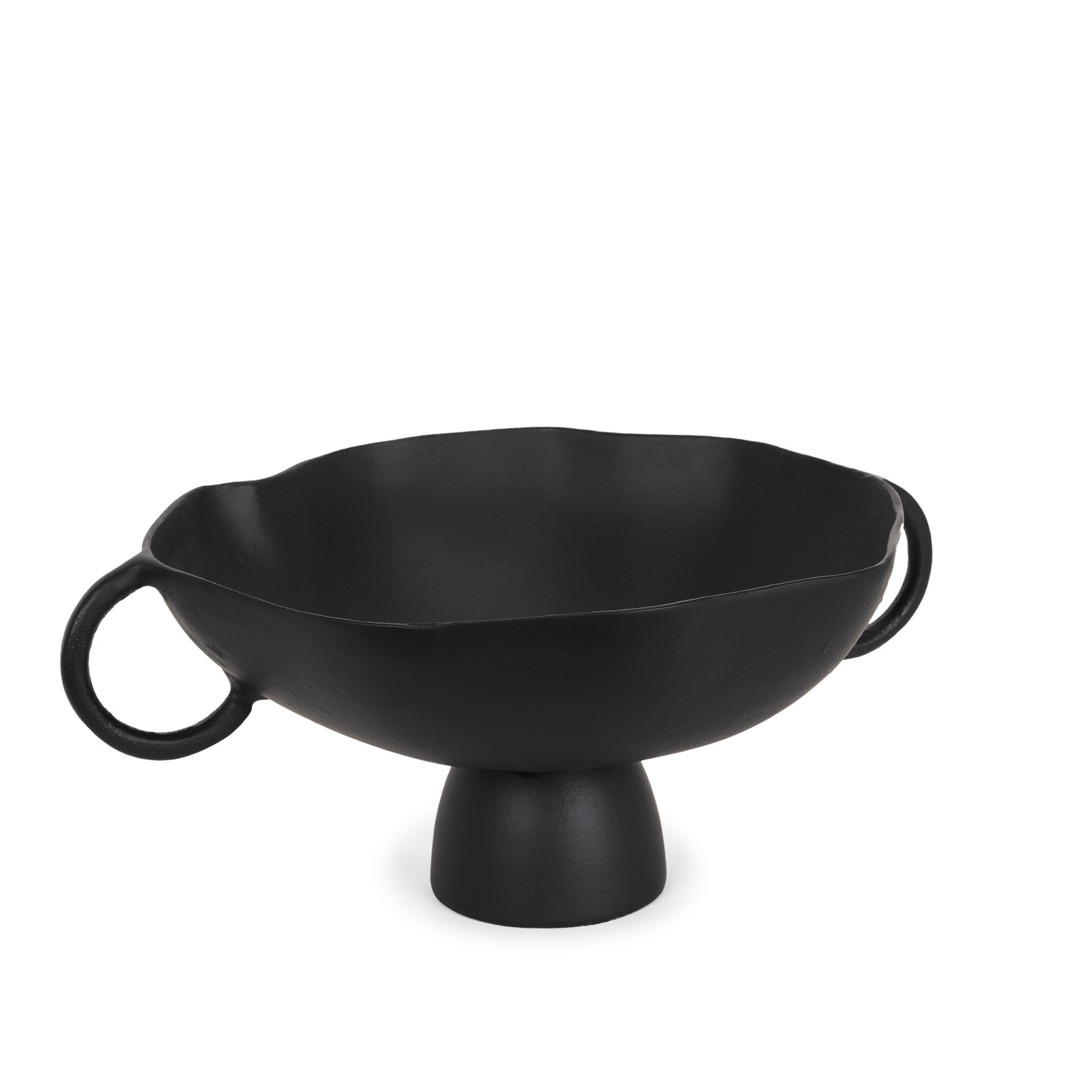 16" Black Metal Wavy Edge Round Pedestal Centerpiece Bowl With Handles