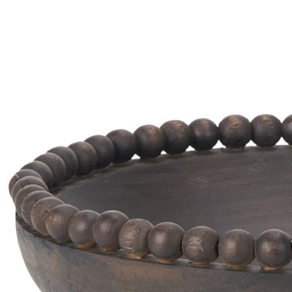 Set of Two Black Solid Wood Beaded Edge Round Centerpiece Bowls