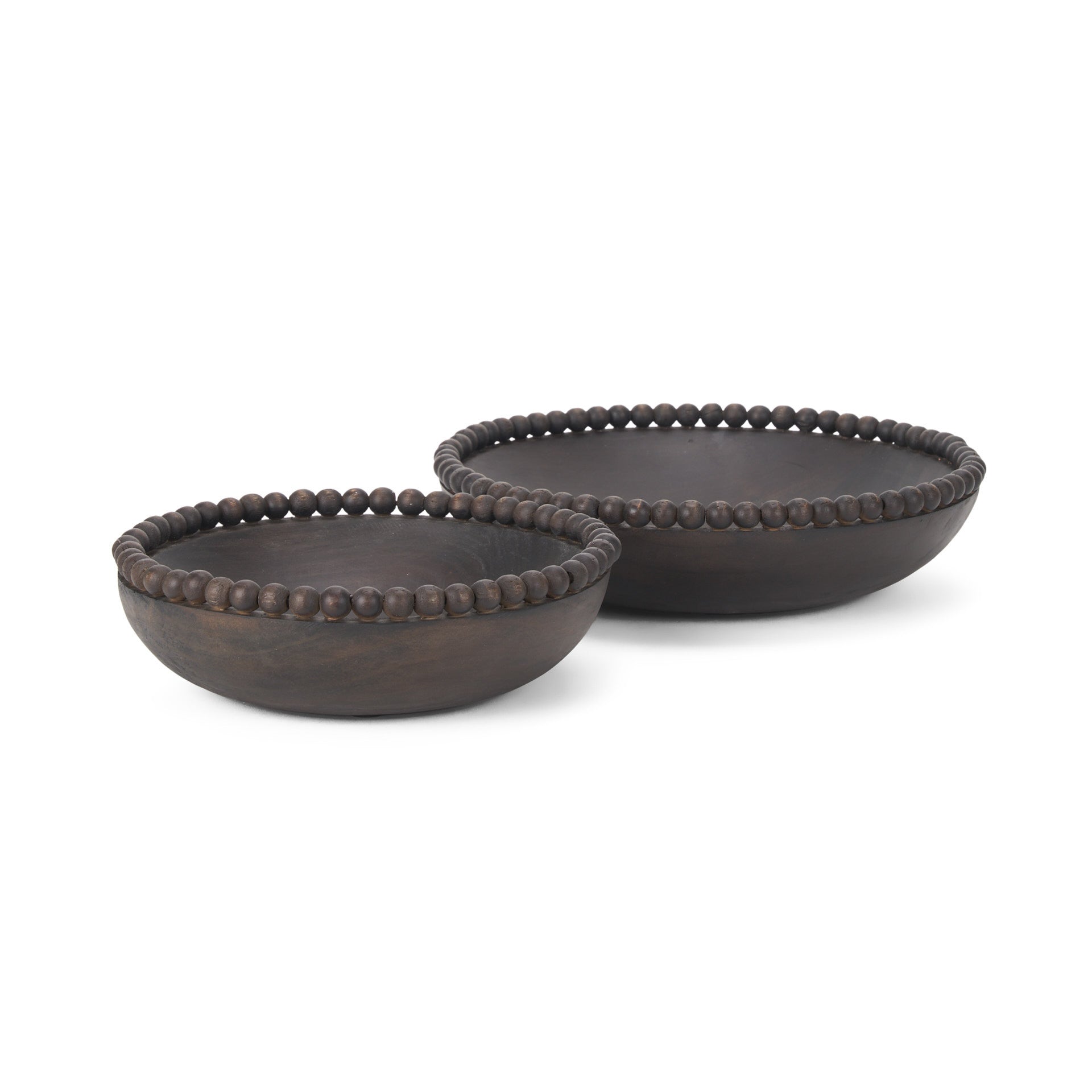 Set of Two Black Solid Wood Beaded Edge Round Centerpiece Bowls