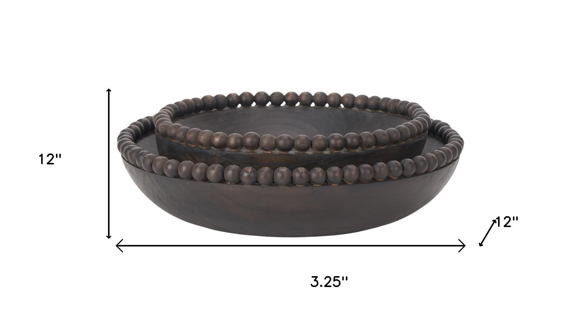 Set of Two Black Solid Wood Beaded Edge Round Centerpiece Bowls