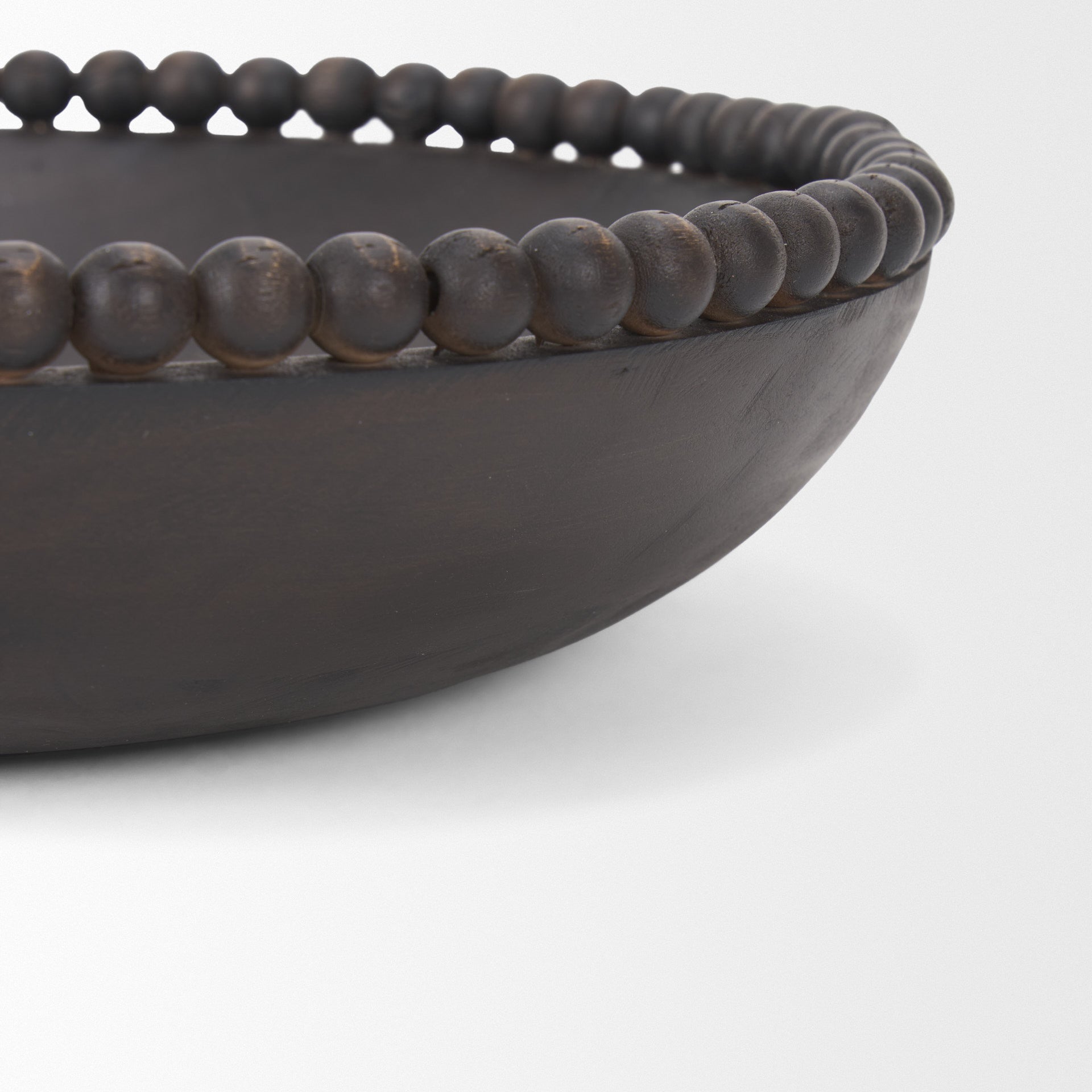 Set of Two Black Solid Wood Beaded Edge Round Centerpiece Bowls