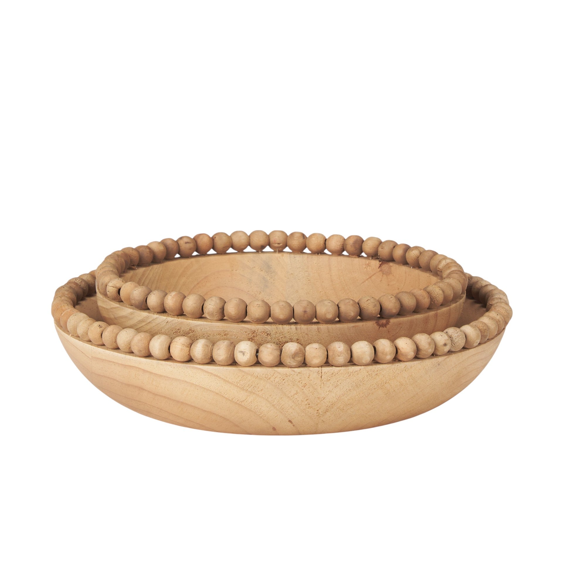 Set of Two Brown Solid Wood Beaded Edge Round Centerpiece Bowl