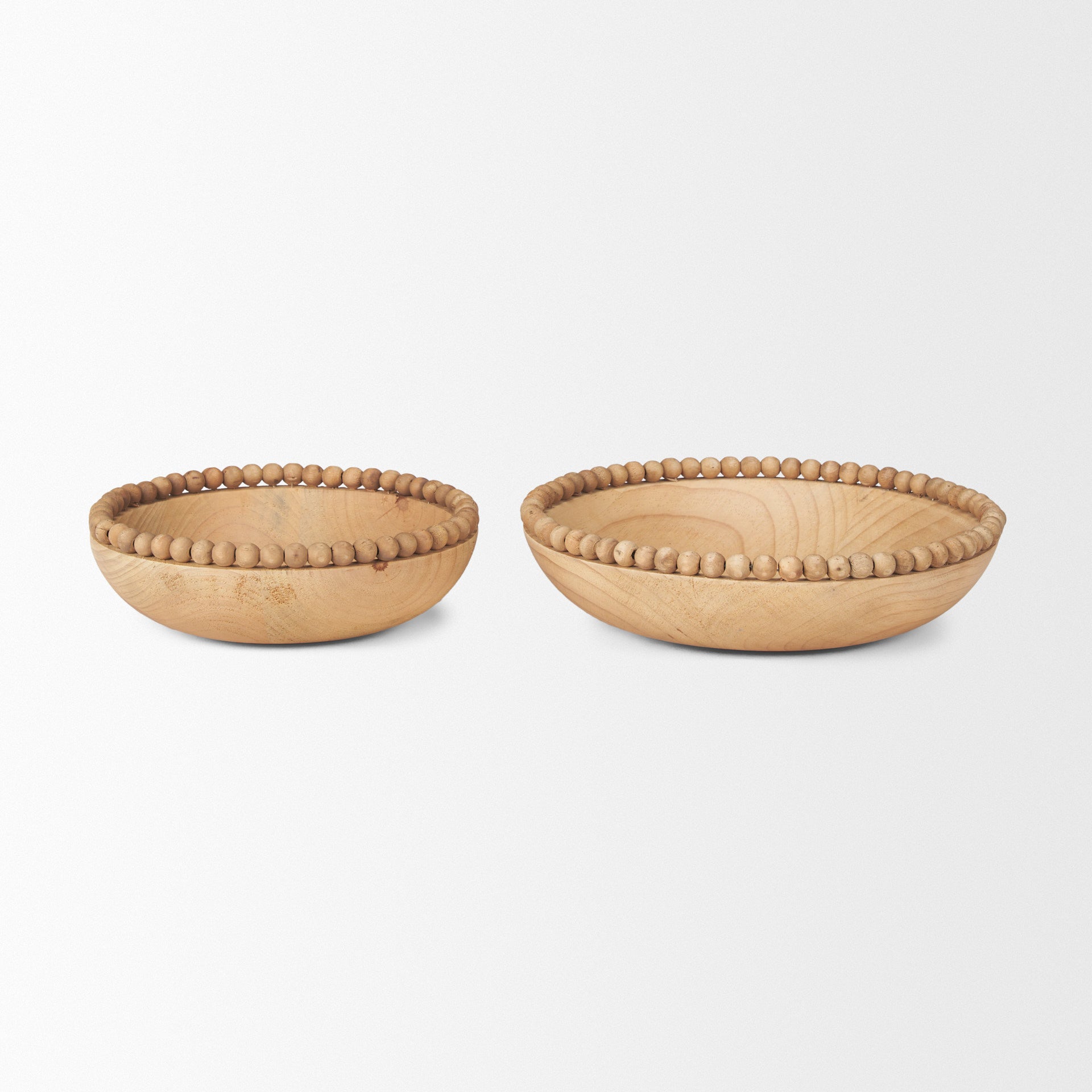 Set of Two Brown Solid Wood Beaded Edge Round Centerpiece Bowl