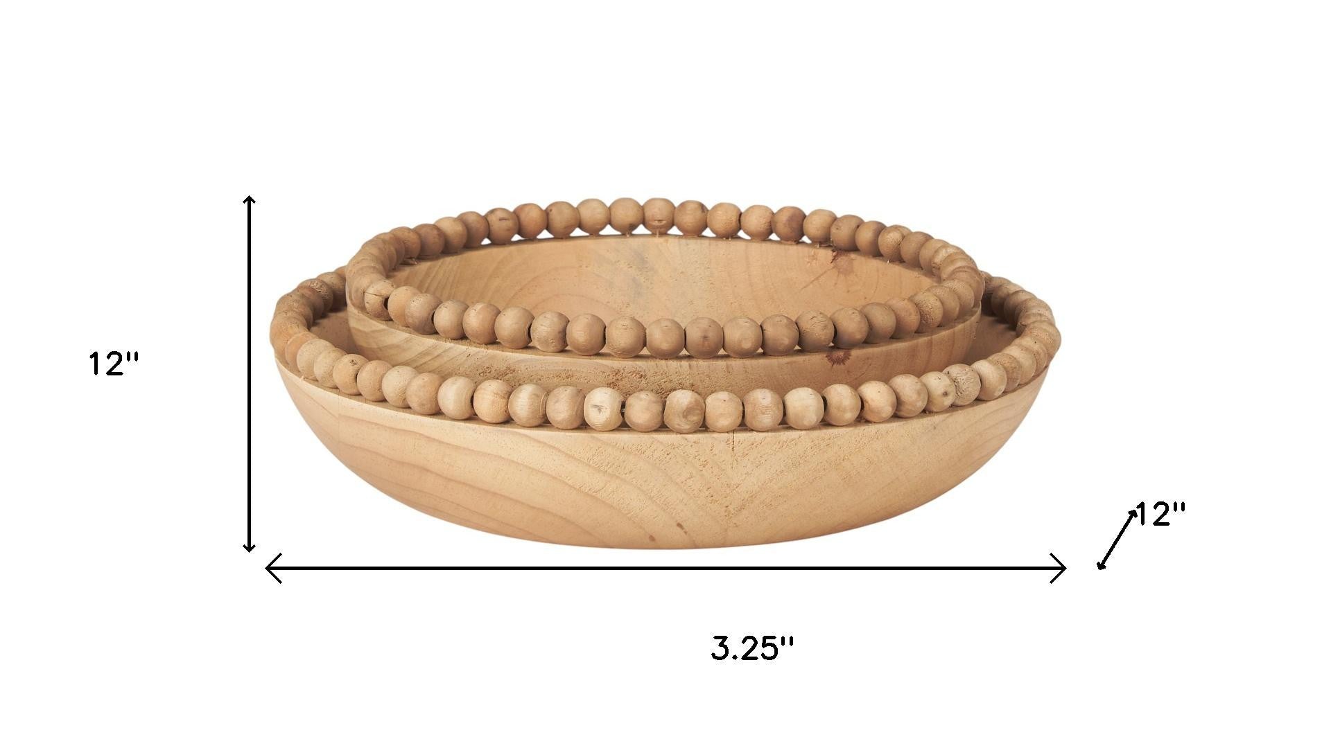Set of Two Brown Solid Wood Beaded Edge Round Centerpiece Bowl