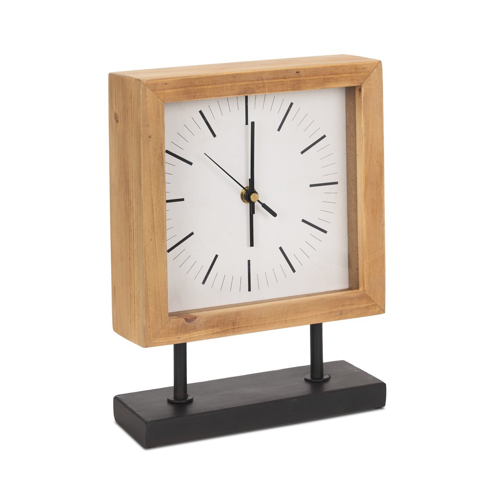 11" Natural And Black Solid Wood And Metal Square Table Clock