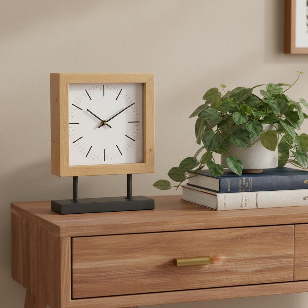 11" Natural And Black Solid Wood And Metal Square Table Clock