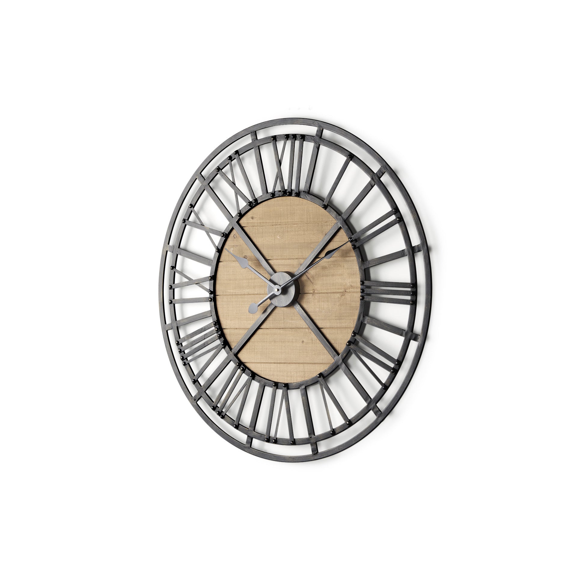 30" Black And Natural Iron And Wood Analog Round Wall Clock